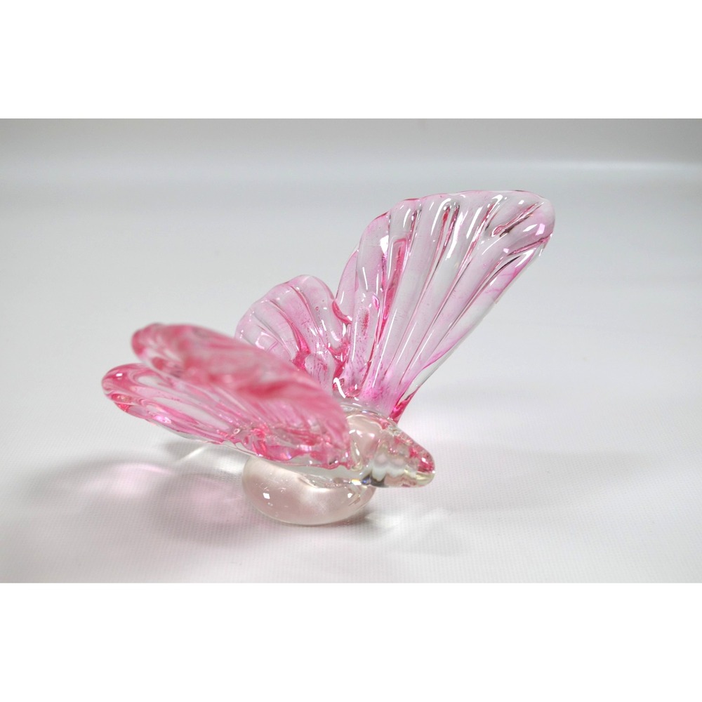 Pink Hand Blown Clear Art Glass Butterfly Figurine Paperweight Murano Style